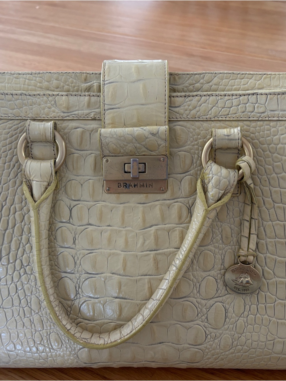Brahmin Cream Croc-Embossed Leather Satchel with Top Handles